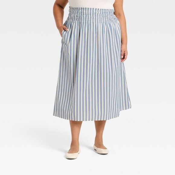 Universal Thread Pants - Open Box - Women's Pull-On Midi Full Skirt - Universal Thread Blue Striped